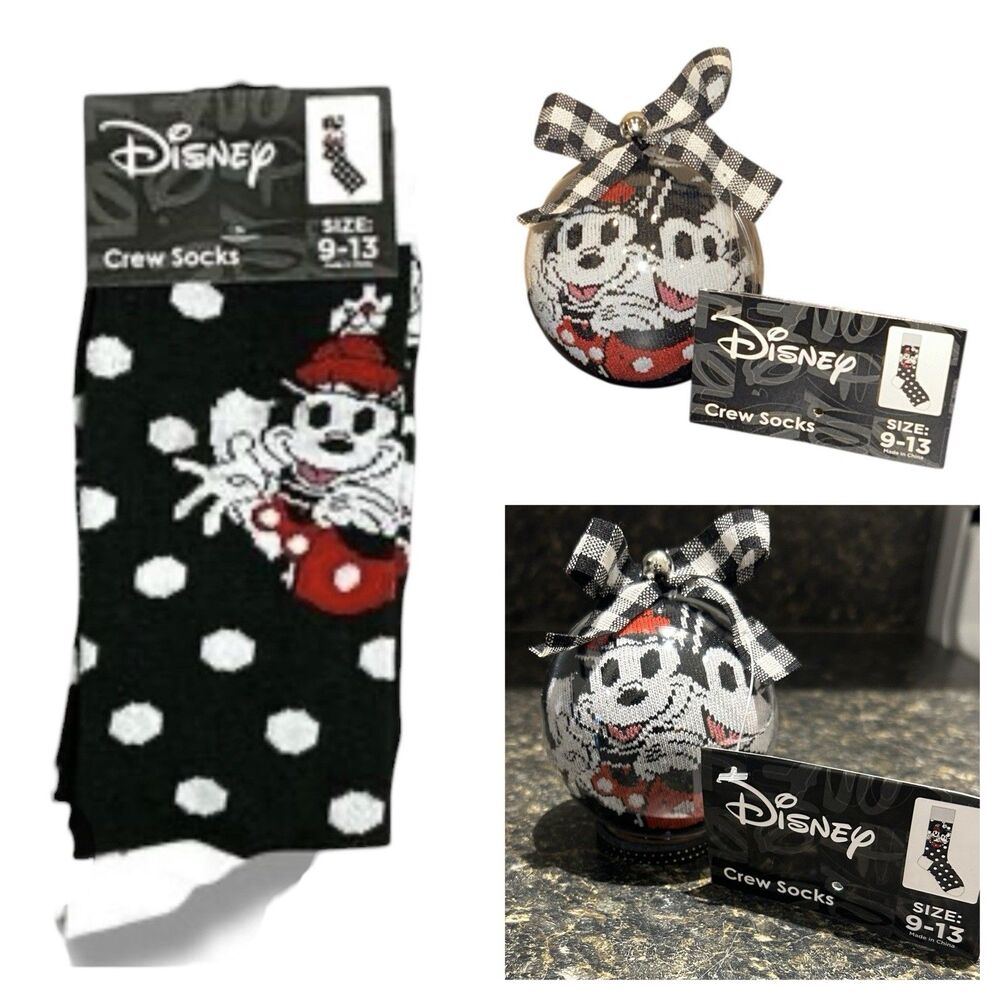 Disney Mickey and Minnie 1 Pair Crew Socks In A Christmas Ornament Size 9-13
